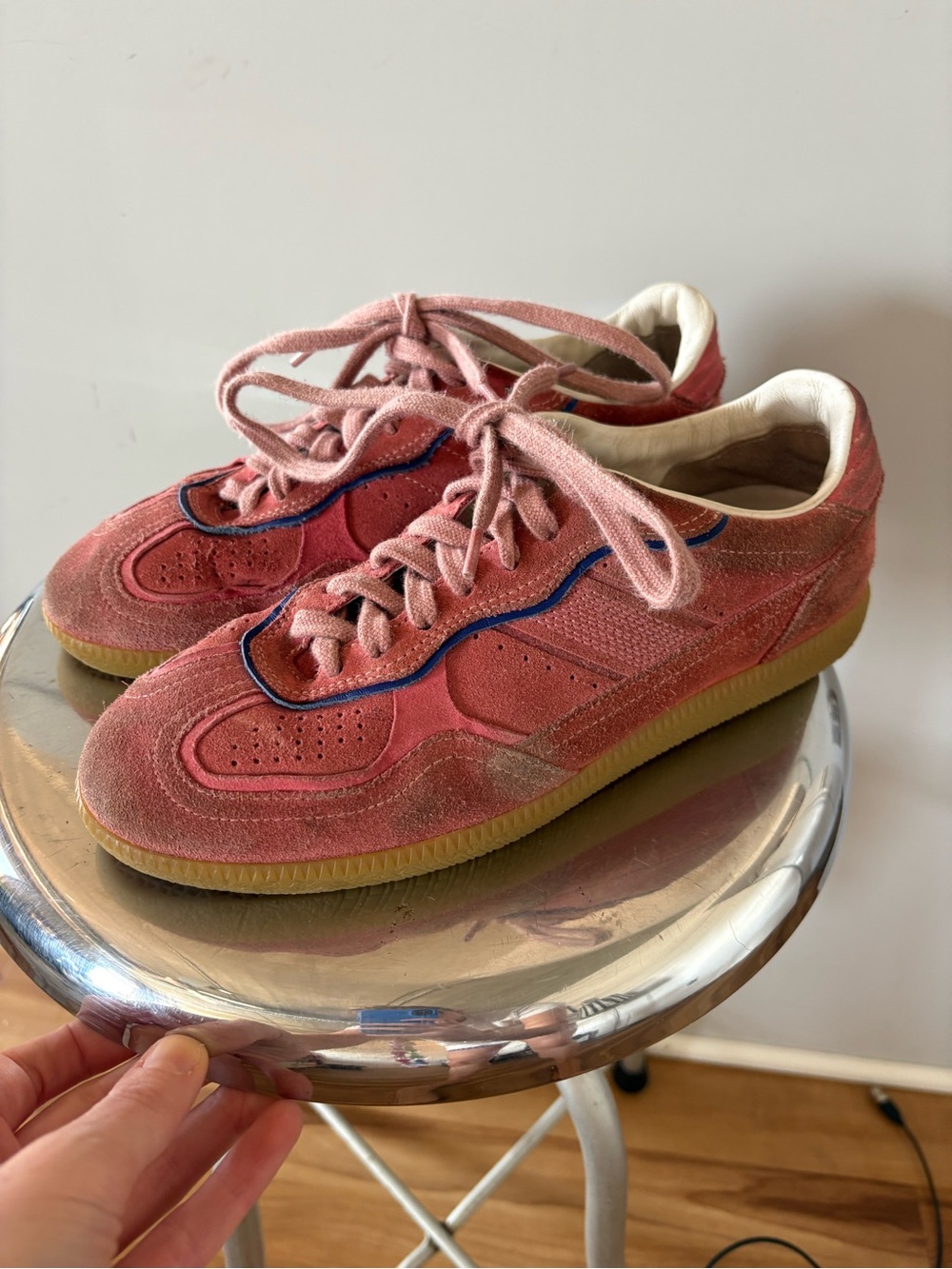 ALOHAS Pink Suede Retro Trainer with Blue Trim